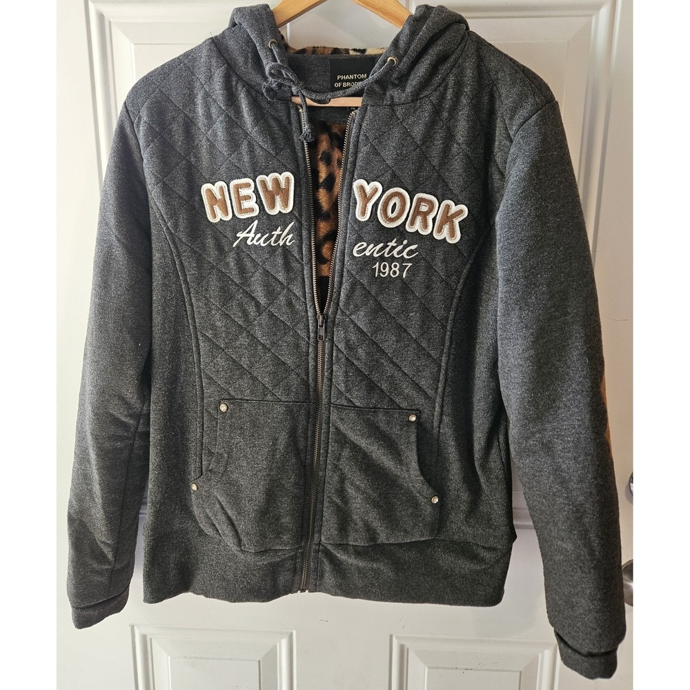 Phantom of Broadway XL Gray Quilted Hoodie Leopard Lined Zip Jacket Women
